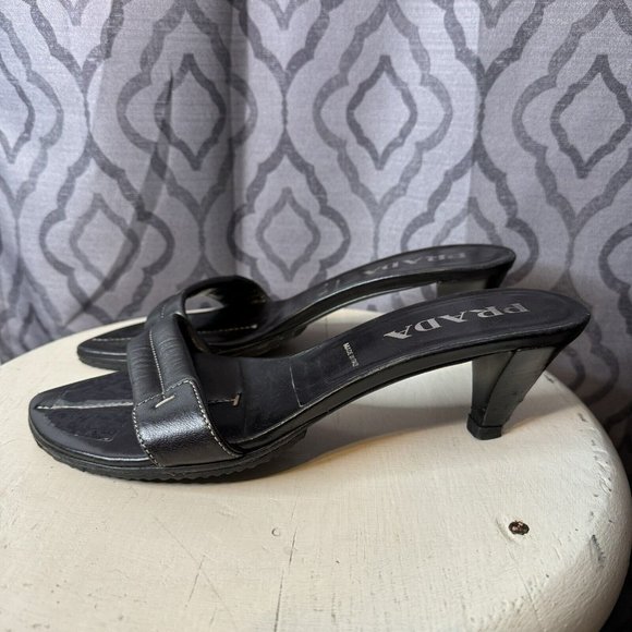 Prada Kitten Heels US 8 Black Open Toe Stitching IT 38 Shoes Women Slip On - Picture 7 of 15